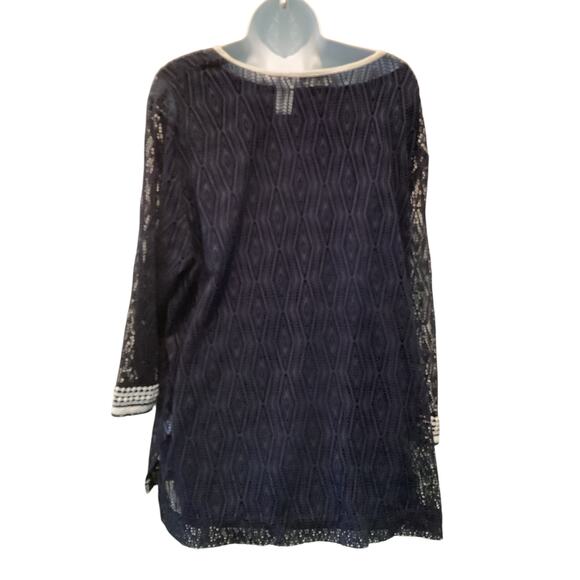 ALFRED DUNNER NAVY BLUE/WHITE LACE TRIM WOMEN’STUNIC TOP 3X - Picture 4 of 7